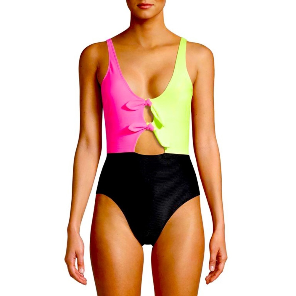 No boundaries Highlighter Neon Yellow Pink Black Tie Front One Piece Swimsuit L